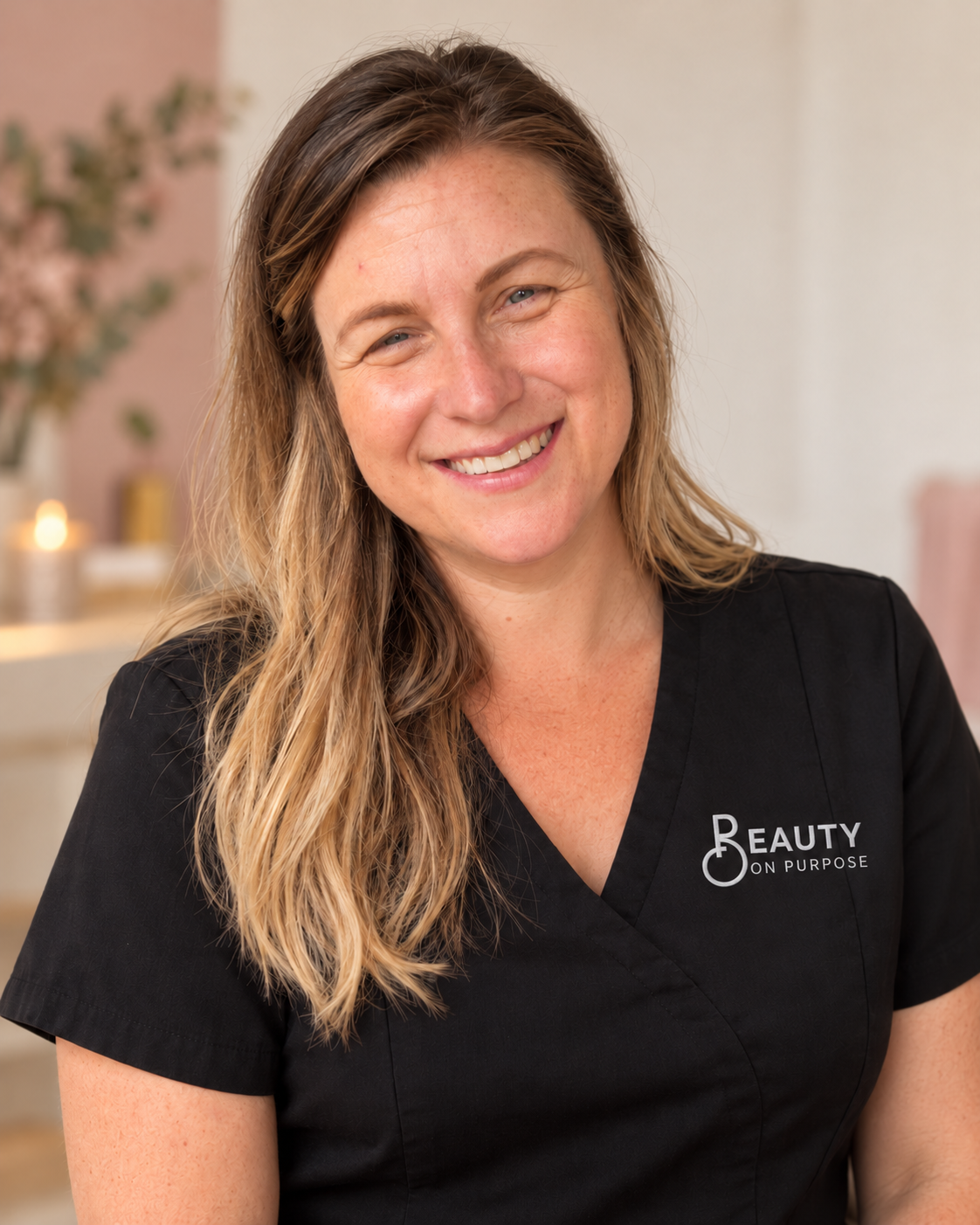 Louise, owner of Beauty On Purpose, wearing her beauty therapist uniform